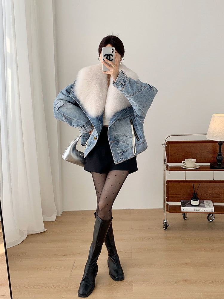 Women’s Short Denim Parka with Fox Fur & Goose Down