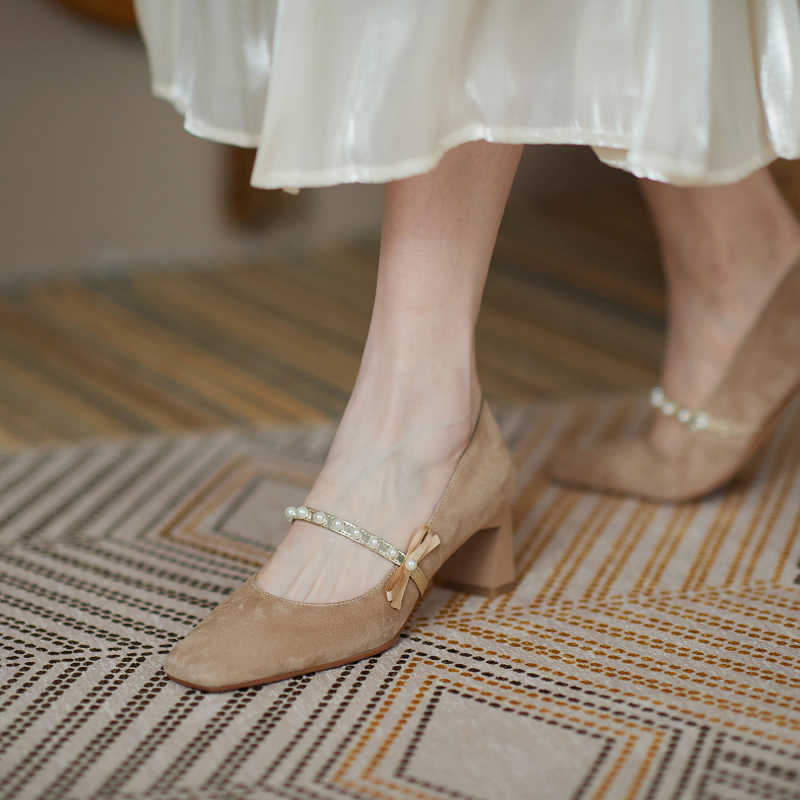 Leather Bowknot Beaded Slip-on High Heels
