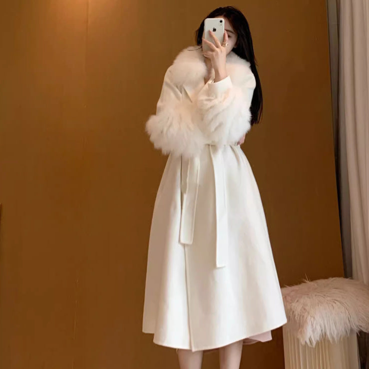 White Medium-Long Woolen Coat for Women, Classic & Elegant