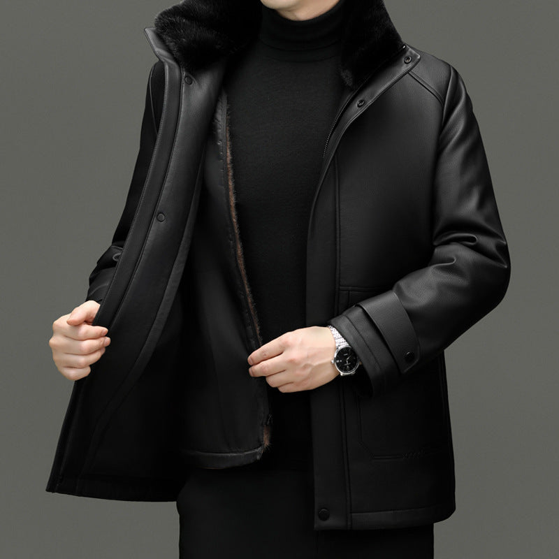 Men's Detachable Mink Cashmere Lined PU Leather Jacket