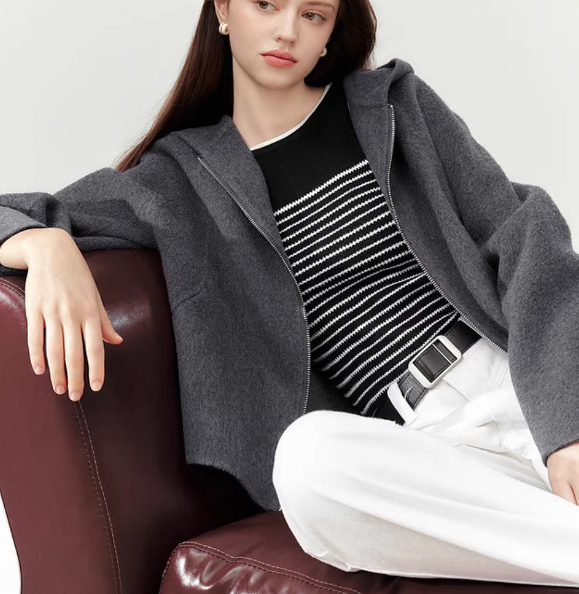 Women’s Gray Hooded Double-faced Wool Short Coat