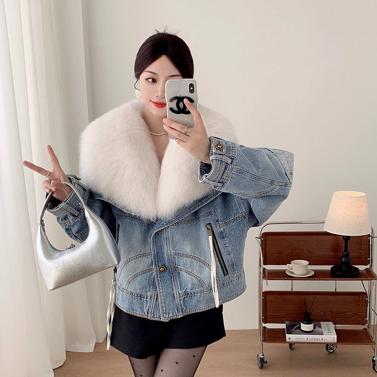 Women’s Short Denim Parka with Fox Fur & Goose Down