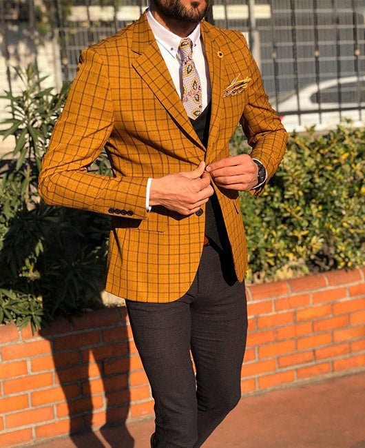 Men's Slim Fit Plaid Two-Button Single Blazer