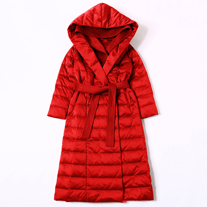 Women’s Medium-Long Patchwork Hooded Down Jacket