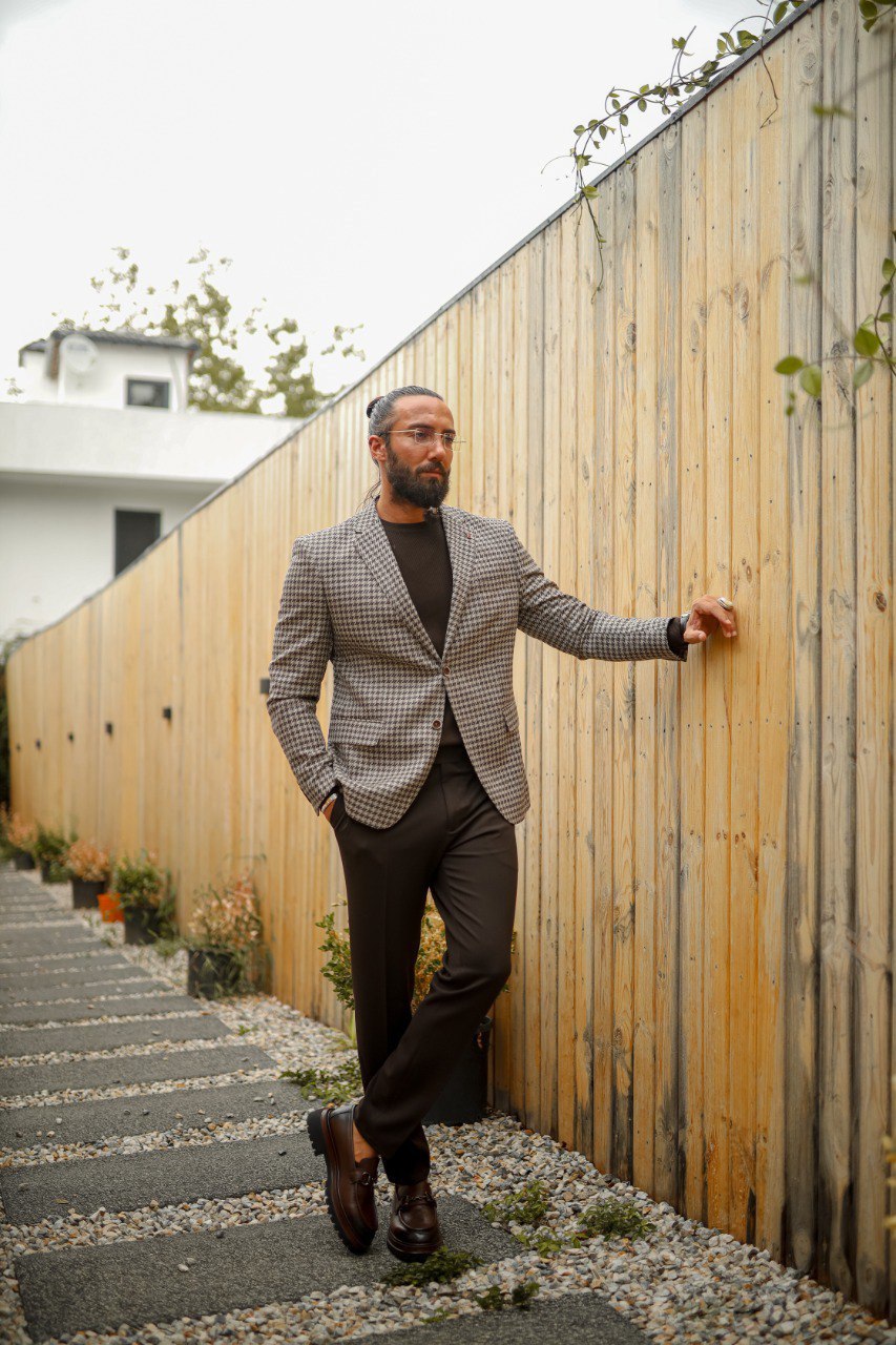 Men's Slim Fit Olive Green Textured Suit