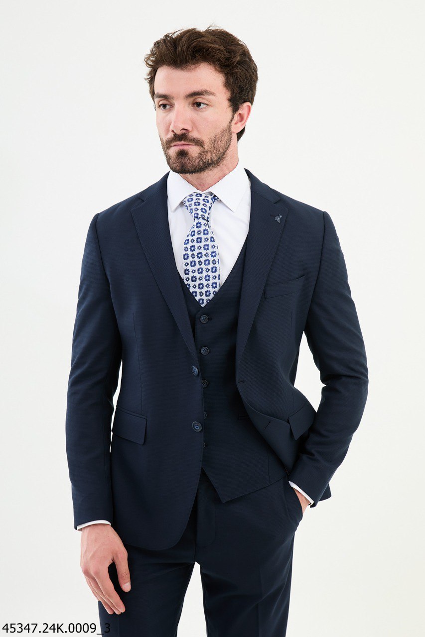 Men's Slim Fit Deep Navy Textured Three-Piece Suit