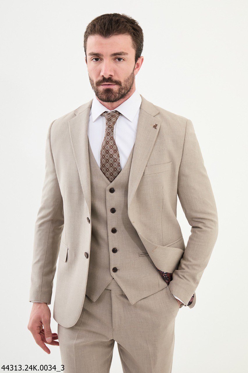 Men's Slim Fit Light Beige Three-Piece Suit