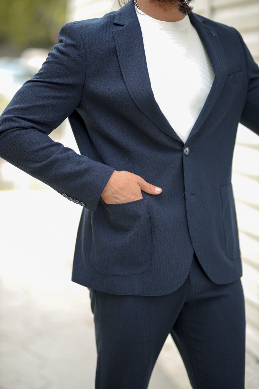 Men's Slim Fit Navy Blue Seersucker Sport Suit