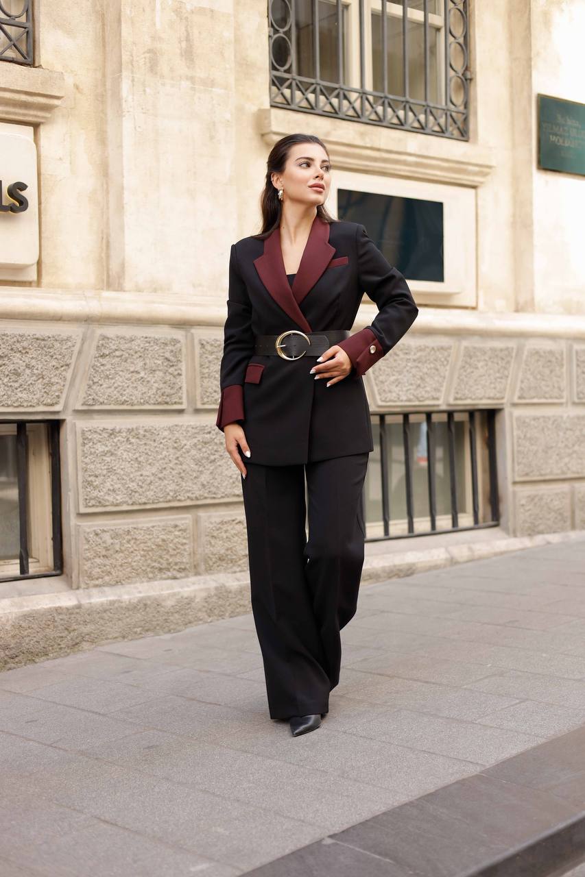 SuitLegacy Belted Black-Burgundy Women Suit