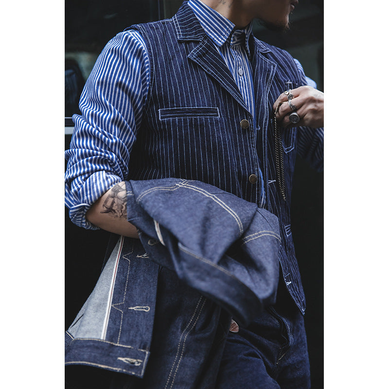 Fall And Winter Lapels Loose Striped Denim Vest