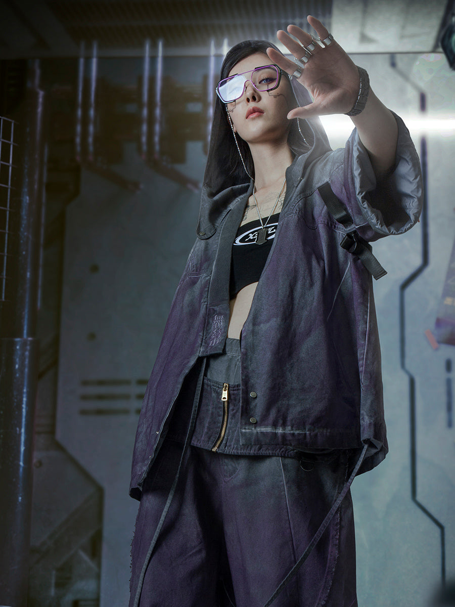 Gradient Purple Yacha Japanese Punk Hoodie, 100% Cotton