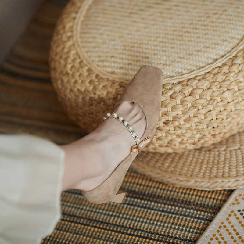 Leather Bowknot Beaded Slip-on High Heels