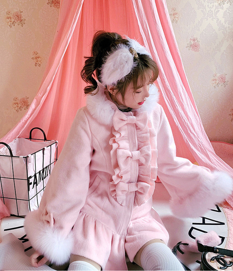 Women’s Pink Wool Coat with Fox Fur Collar, Mid Length