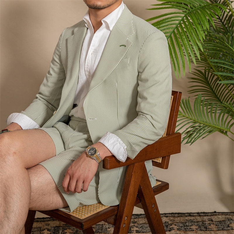 Striped Green Slim-Fit Seersucker Blazer