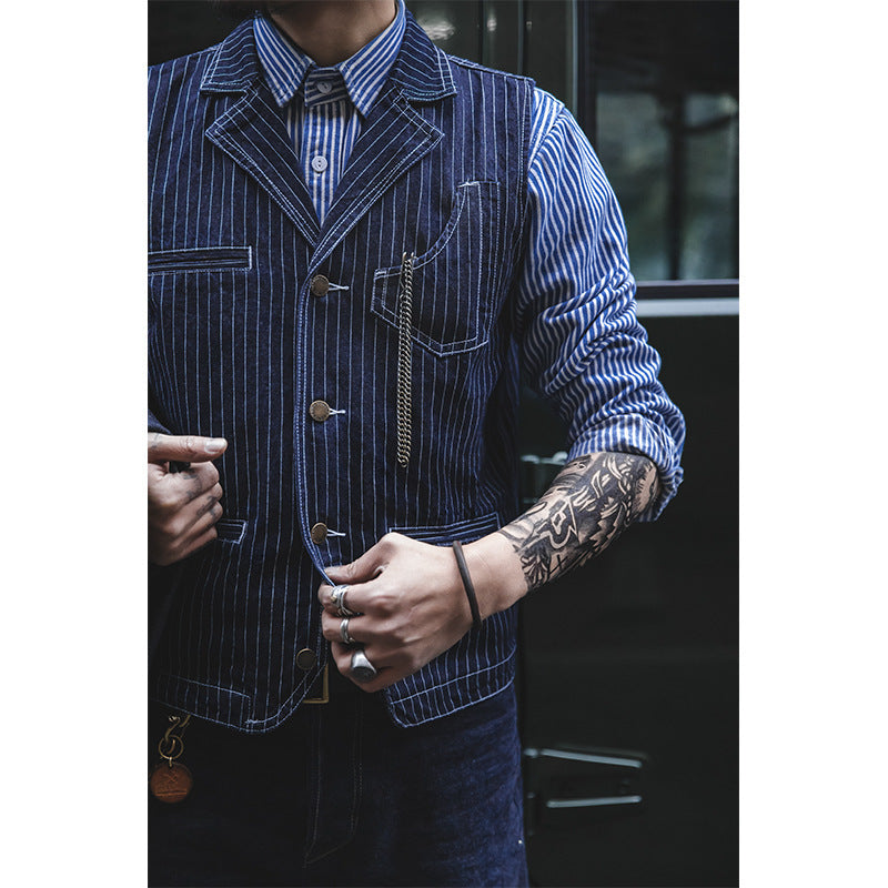 Fall And Winter Lapels Loose Striped Denim Vest