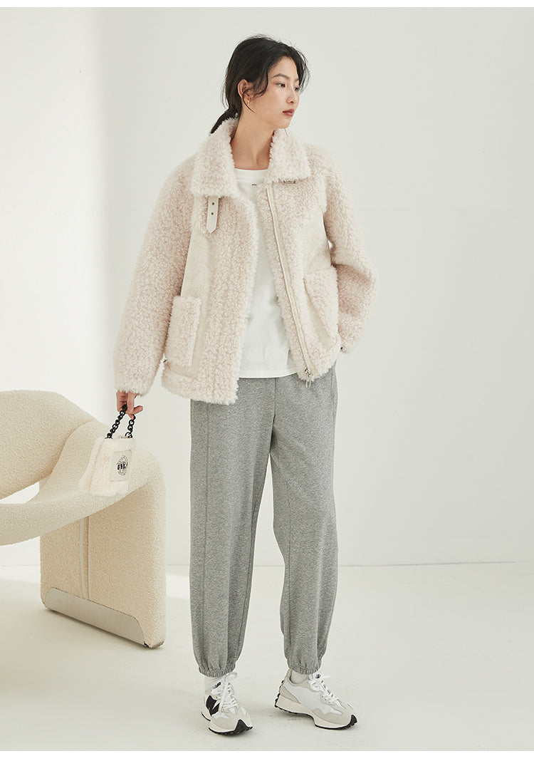 Women’s Loose Stylish Sheep Shearling Coat with Zipper