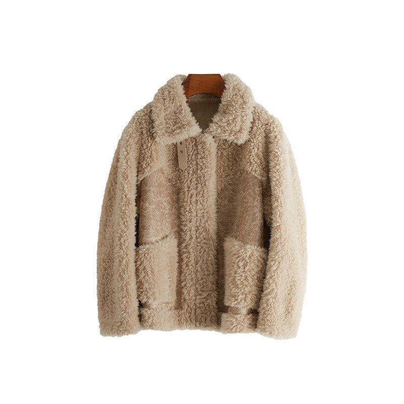 Women’s Loose Stylish Sheep Shearling Coat with Zipper