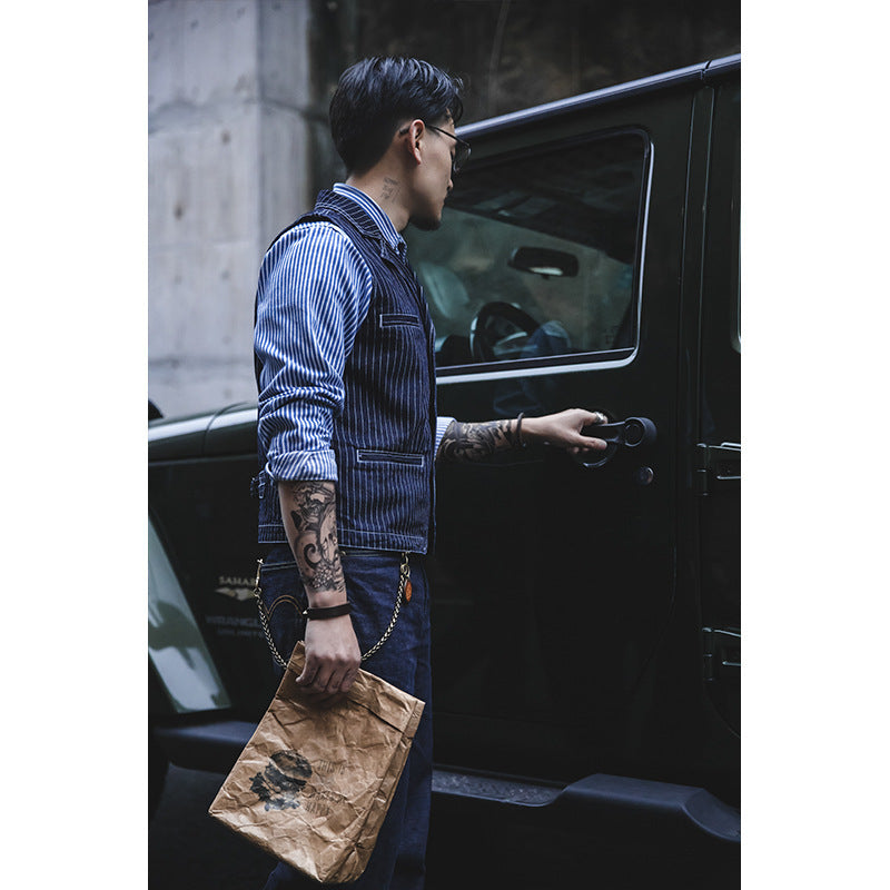 Fall And Winter Lapels Loose Striped Denim Vest