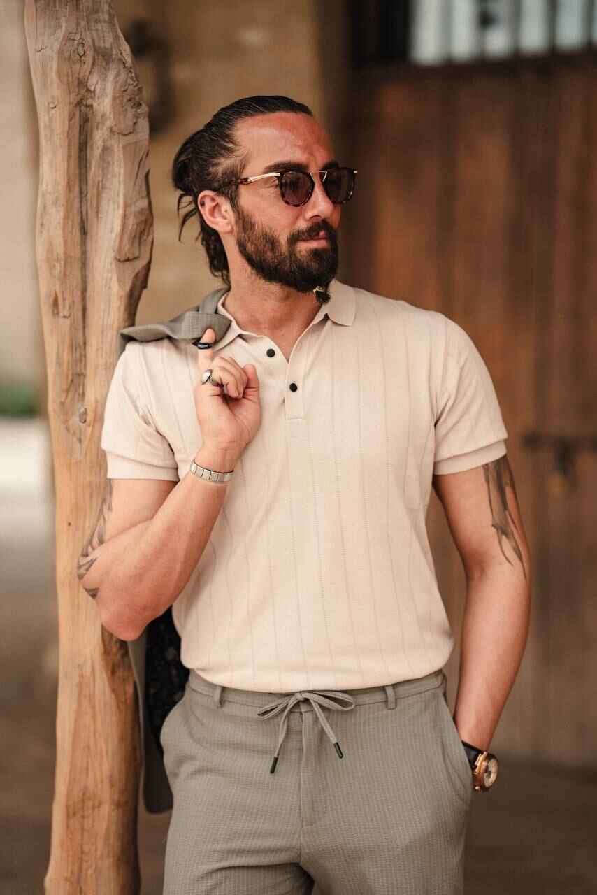 Men's Light Beige Knit Polo Shirt