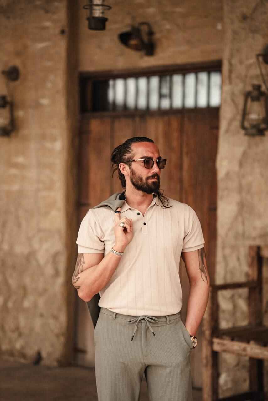 Men's Light Beige Knit Polo Shirt