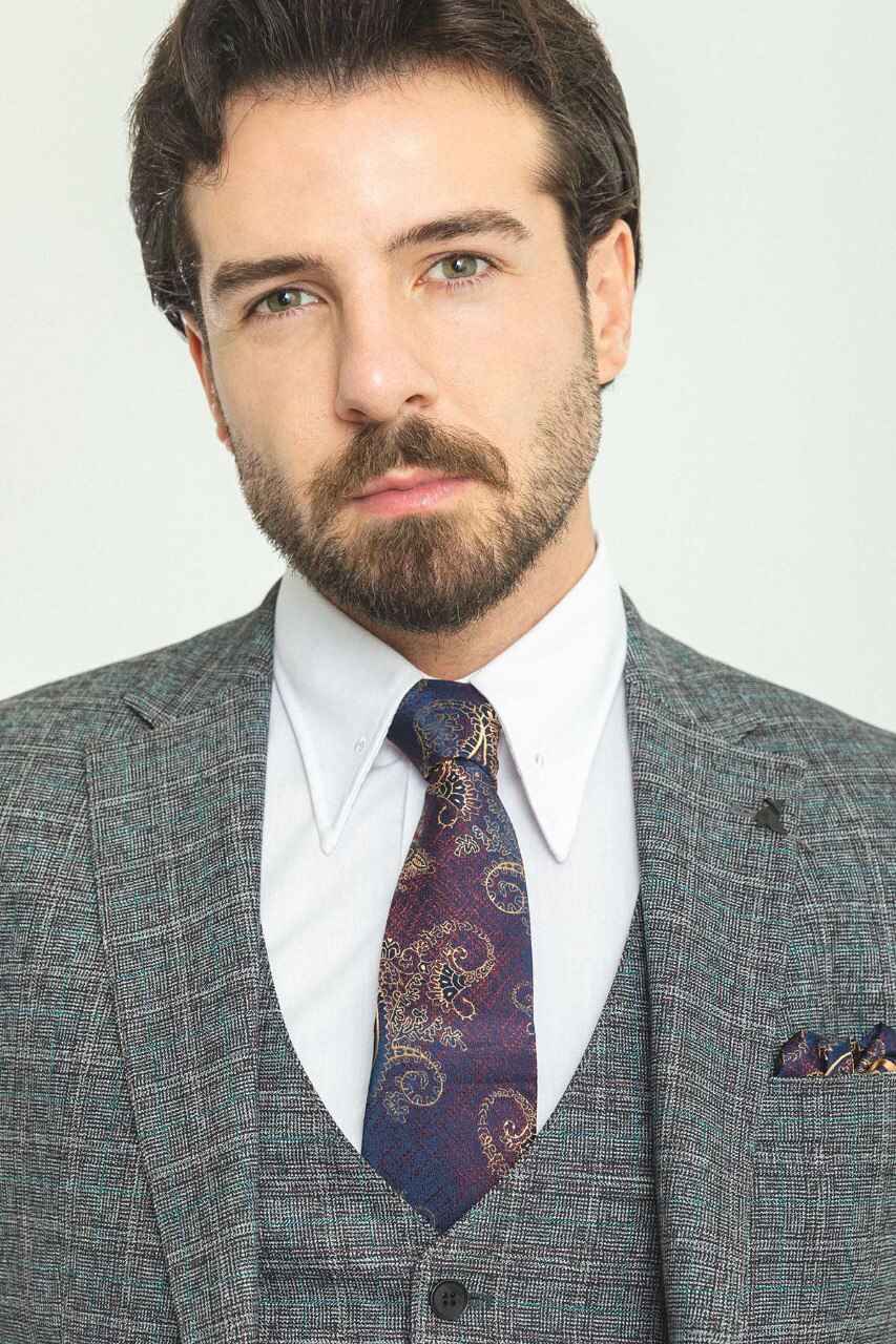 Dark Gray Patterned Slim Fit Three-Piece Suit