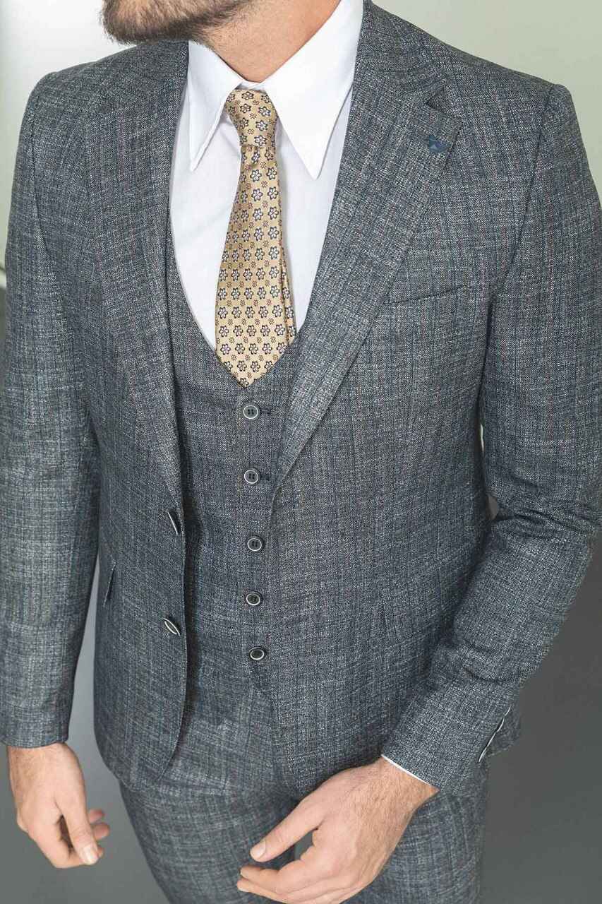 Gray Textured Slim Fit Three-Piece Suit