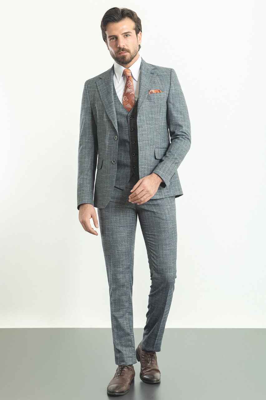 Navy Textured Slim Fit Three-Piece Suit