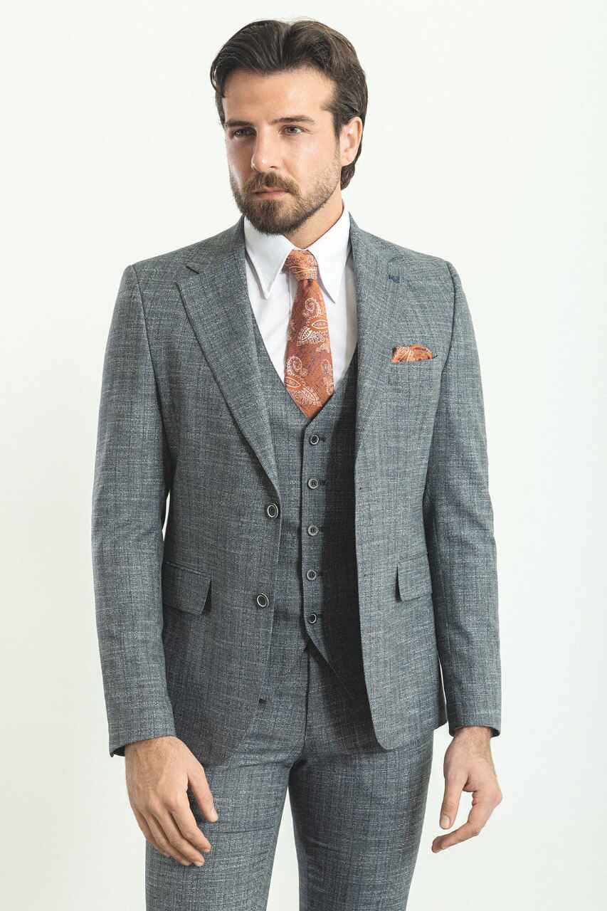 Navy Textured Slim Fit Three-Piece Suit