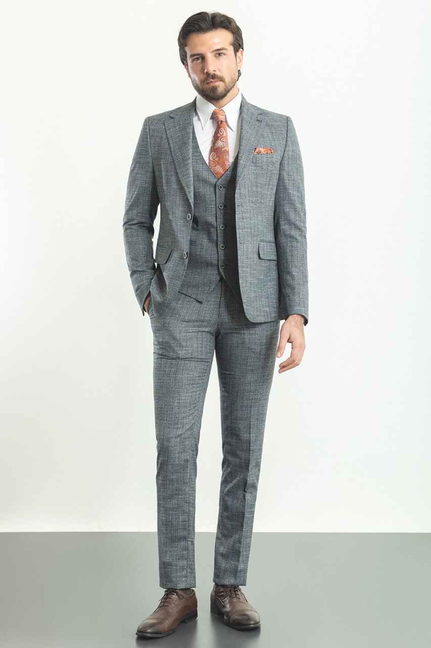 Navy Textured Slim Fit Three-Piece Suit