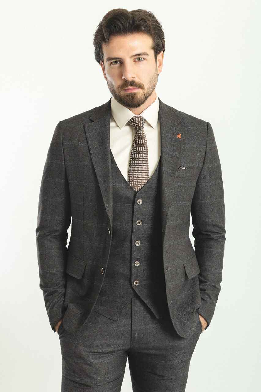 Dark Blue Windowpane Slim Fit Three-Piece Suit