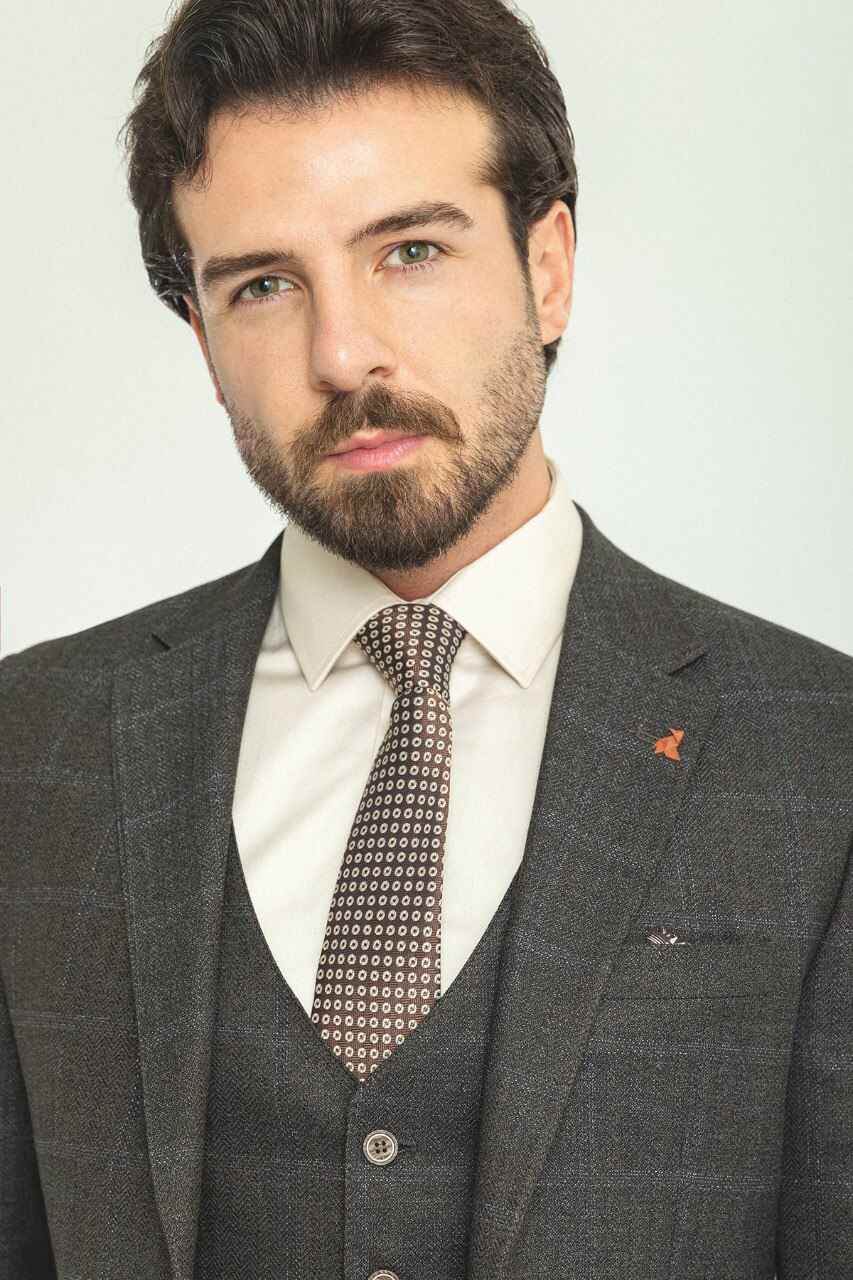 Dark Blue Windowpane Slim Fit Three-Piece Suit