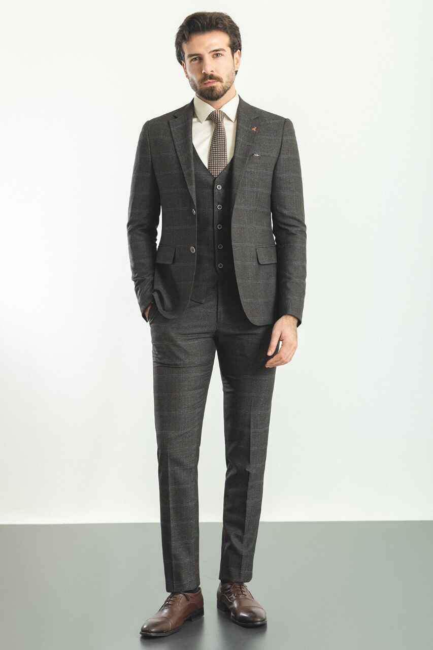 Dark Blue Windowpane Slim Fit Three-Piece Suit