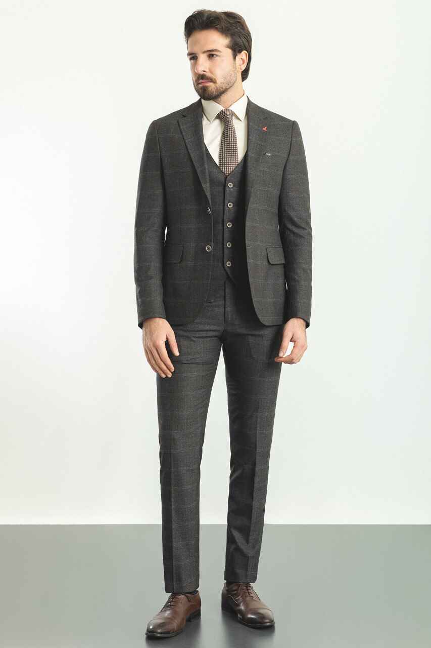 Dark Blue Windowpane Slim Fit Three-Piece Suit