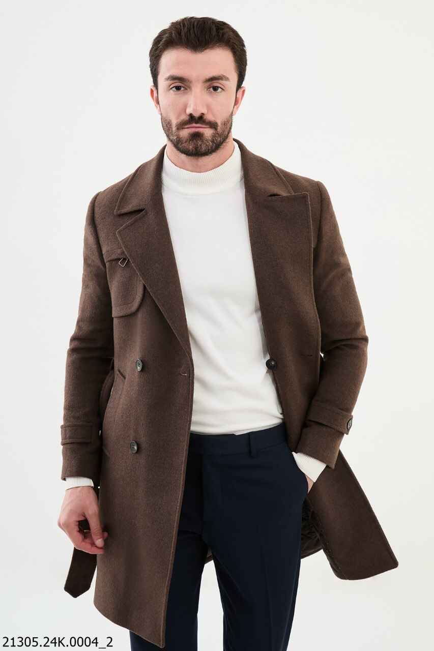 Men's Brown Belted Wool Blend Trench Coat