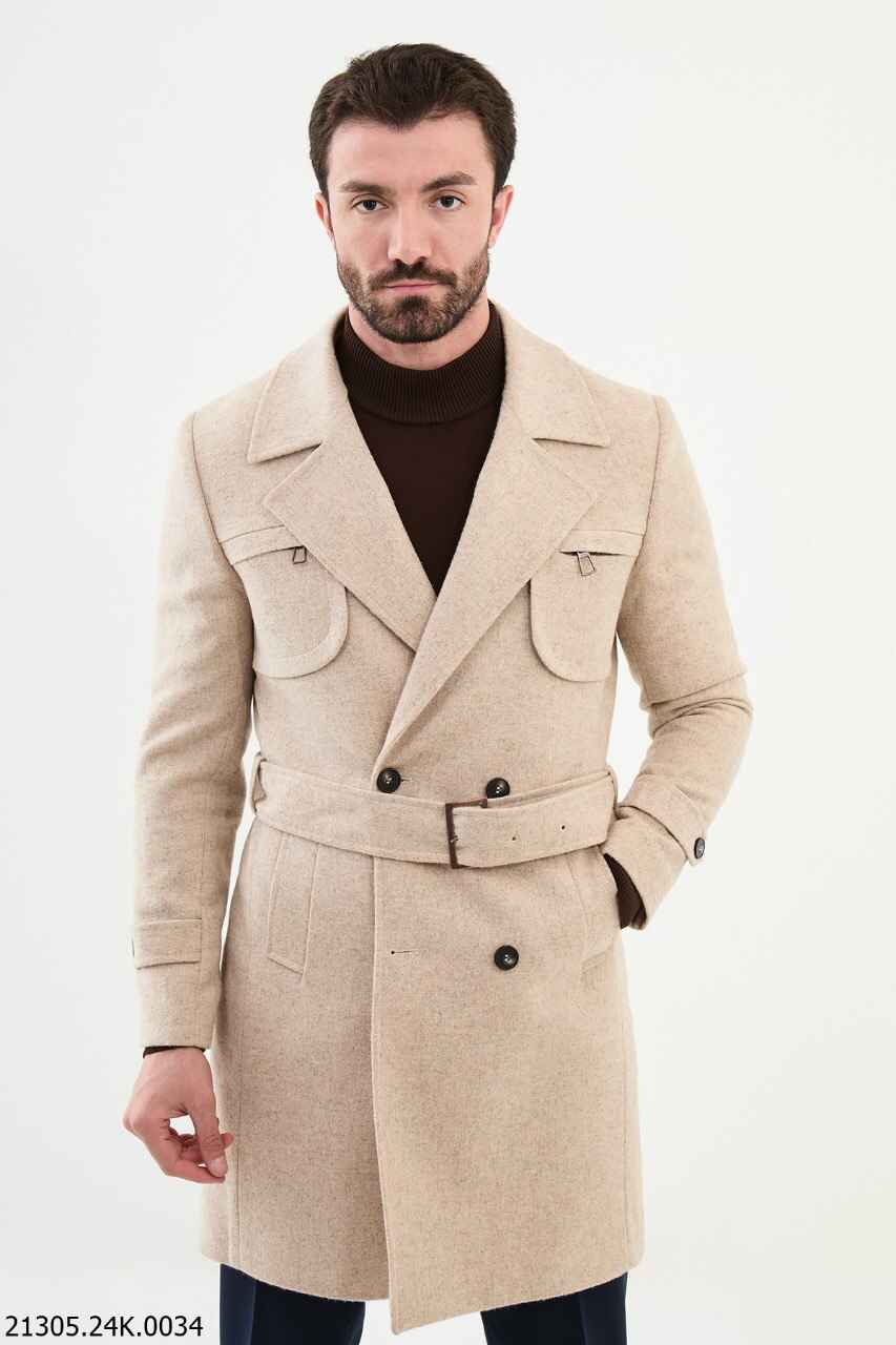 Beige Belted Wool Blend Coat