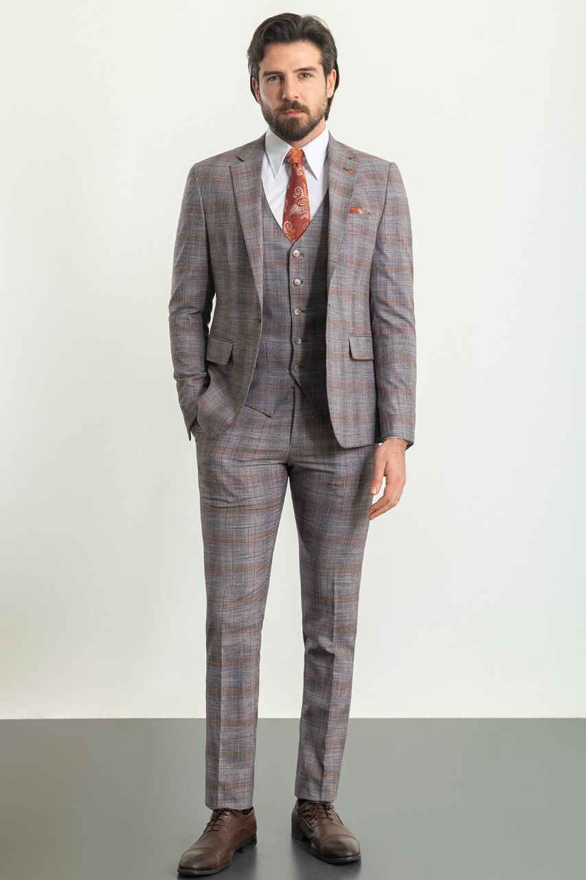 Grey & Orange Check Slim Fit Three-Piece Suit