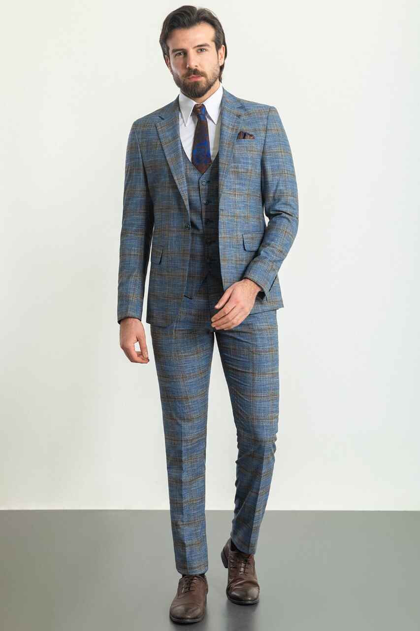 Navy & Gold Check Slim Fit Three-Piece Suit