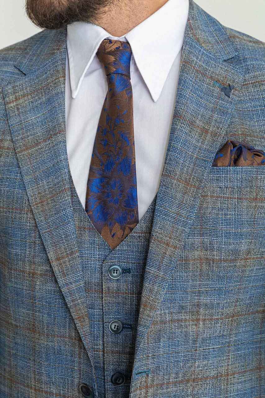 Navy & Gold Check Slim Fit Three-Piece Suit