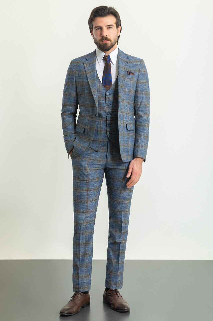Navy & Gold Check Slim Fit Three-Piece Suit