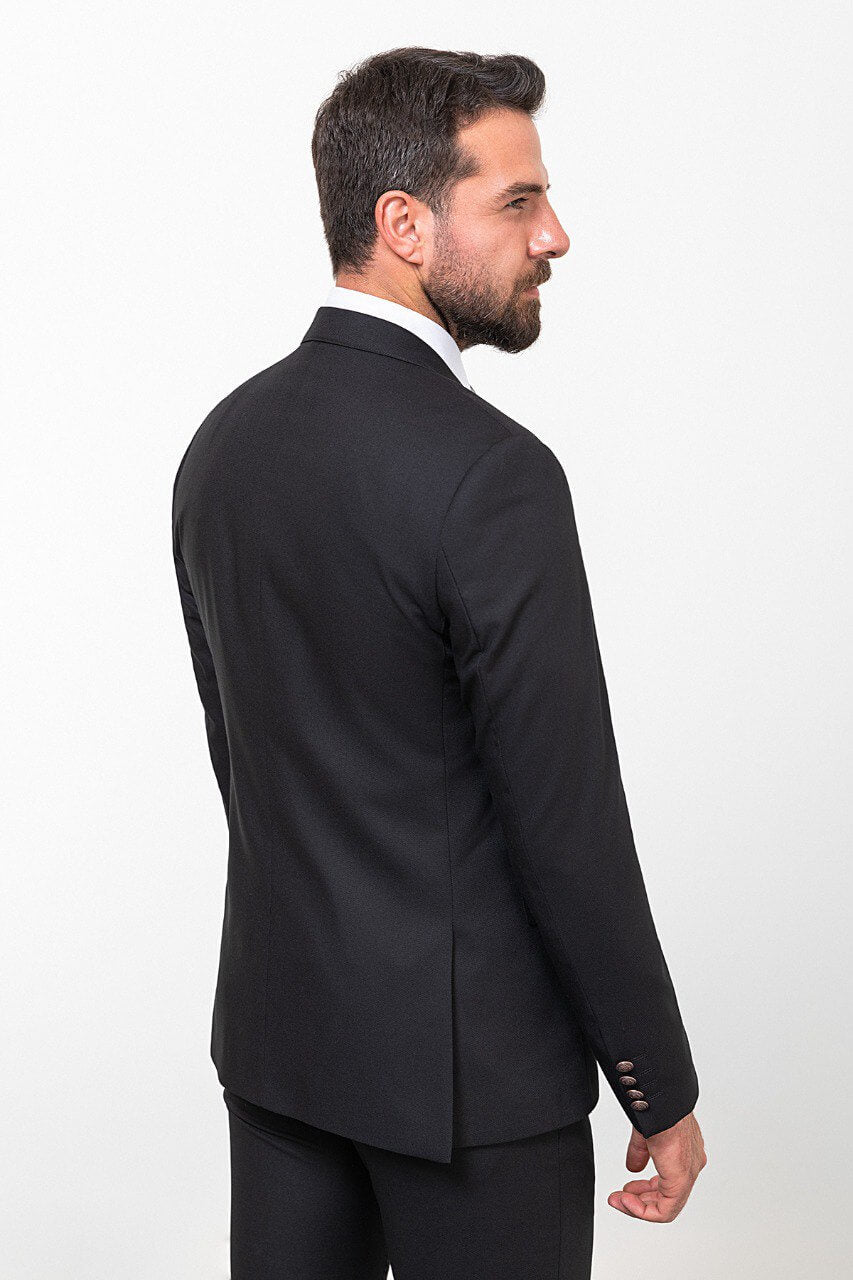 Black Textured Slim Fit Three-Piece Suit
