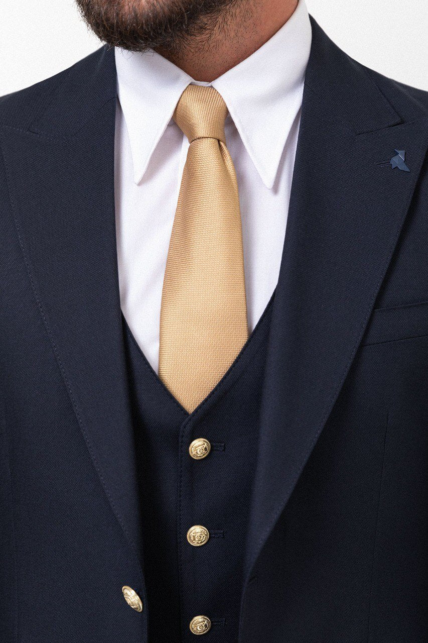 Navy Double-Breasted Slim Fit Three-Piece Suit