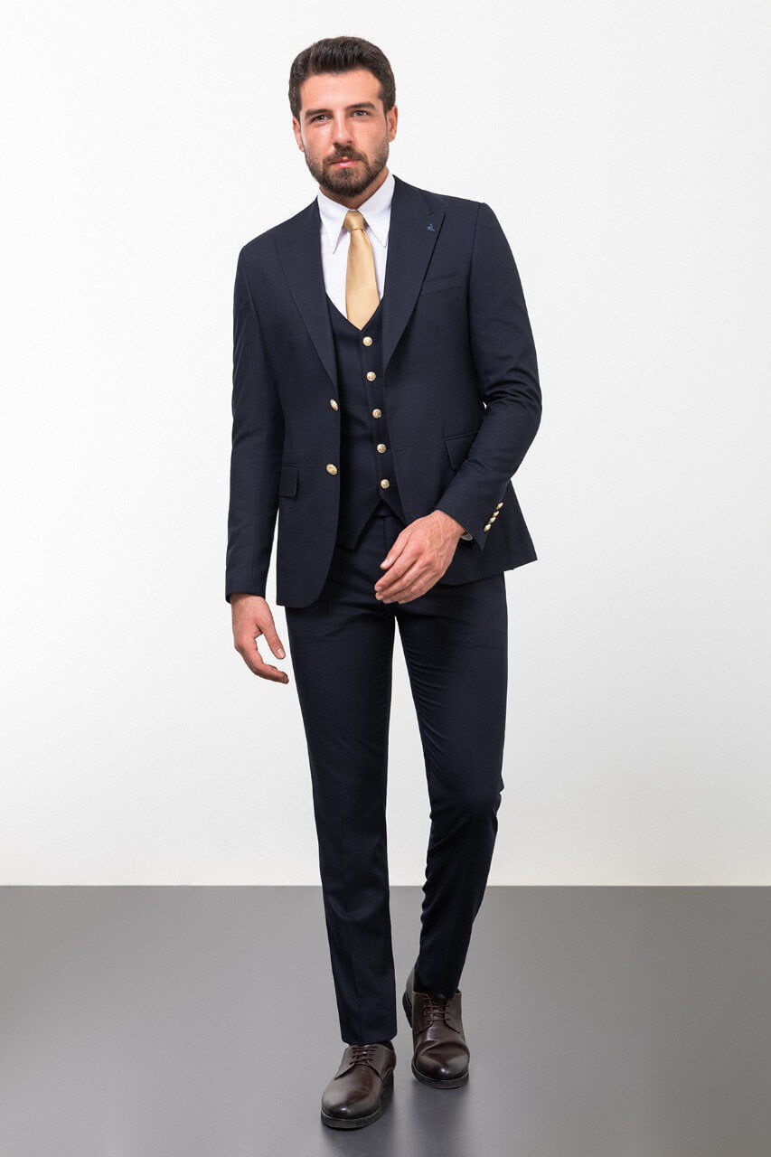 Navy Double-Breasted Slim Fit Three-Piece Suit