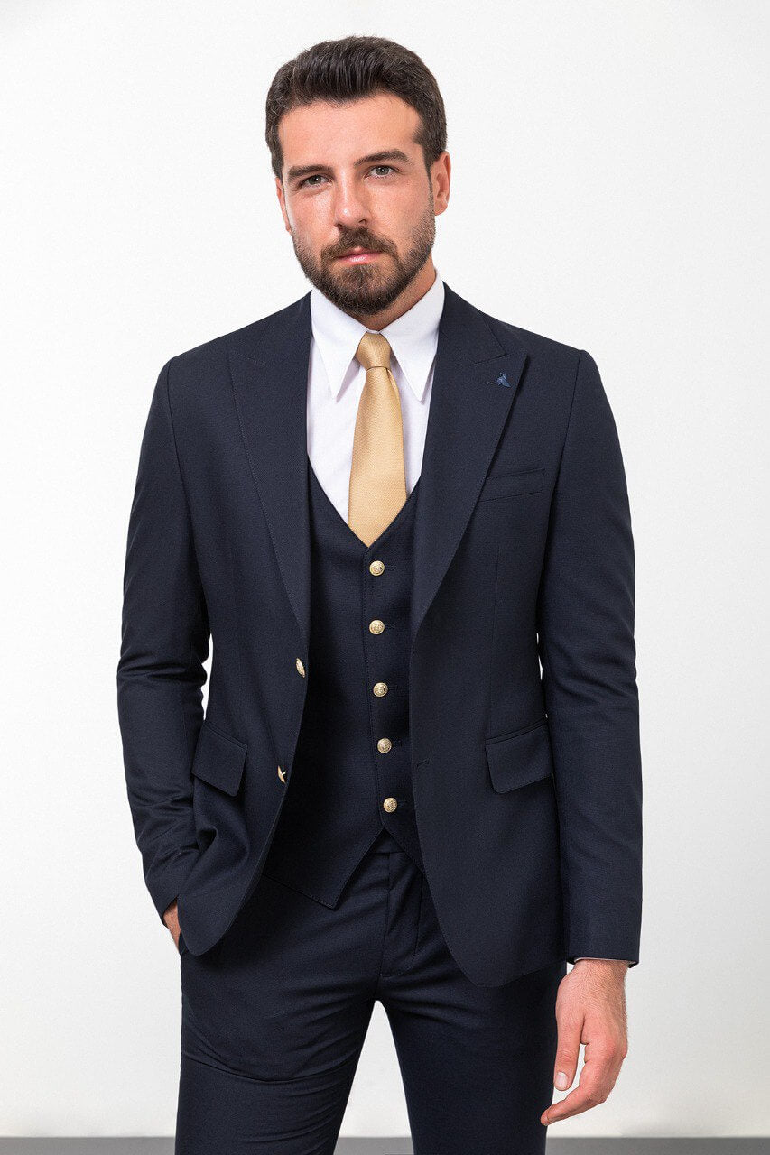 Navy Double-Breasted Slim Fit Three-Piece Suit