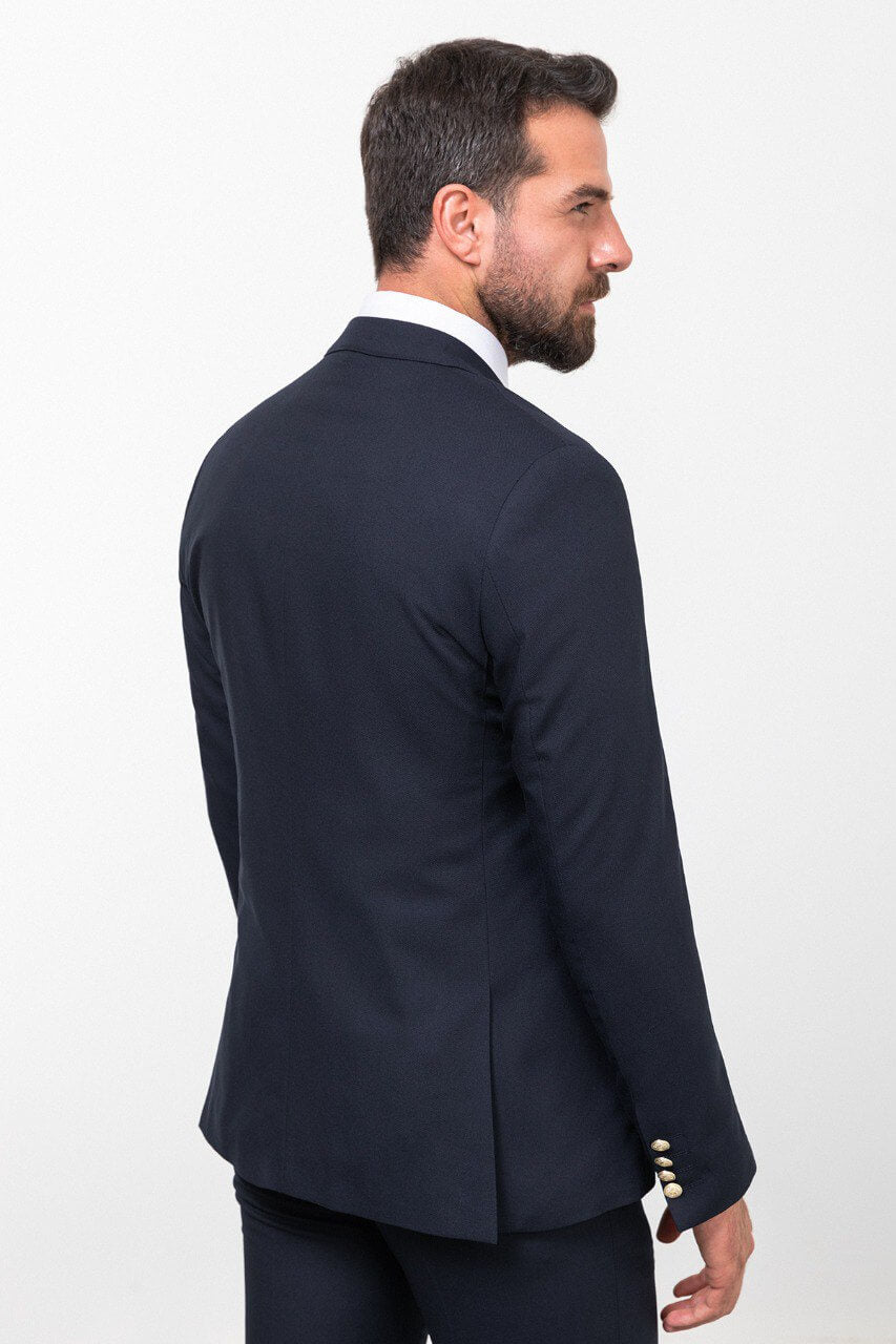 Navy Double-Breasted Slim Fit Three-Piece Suit