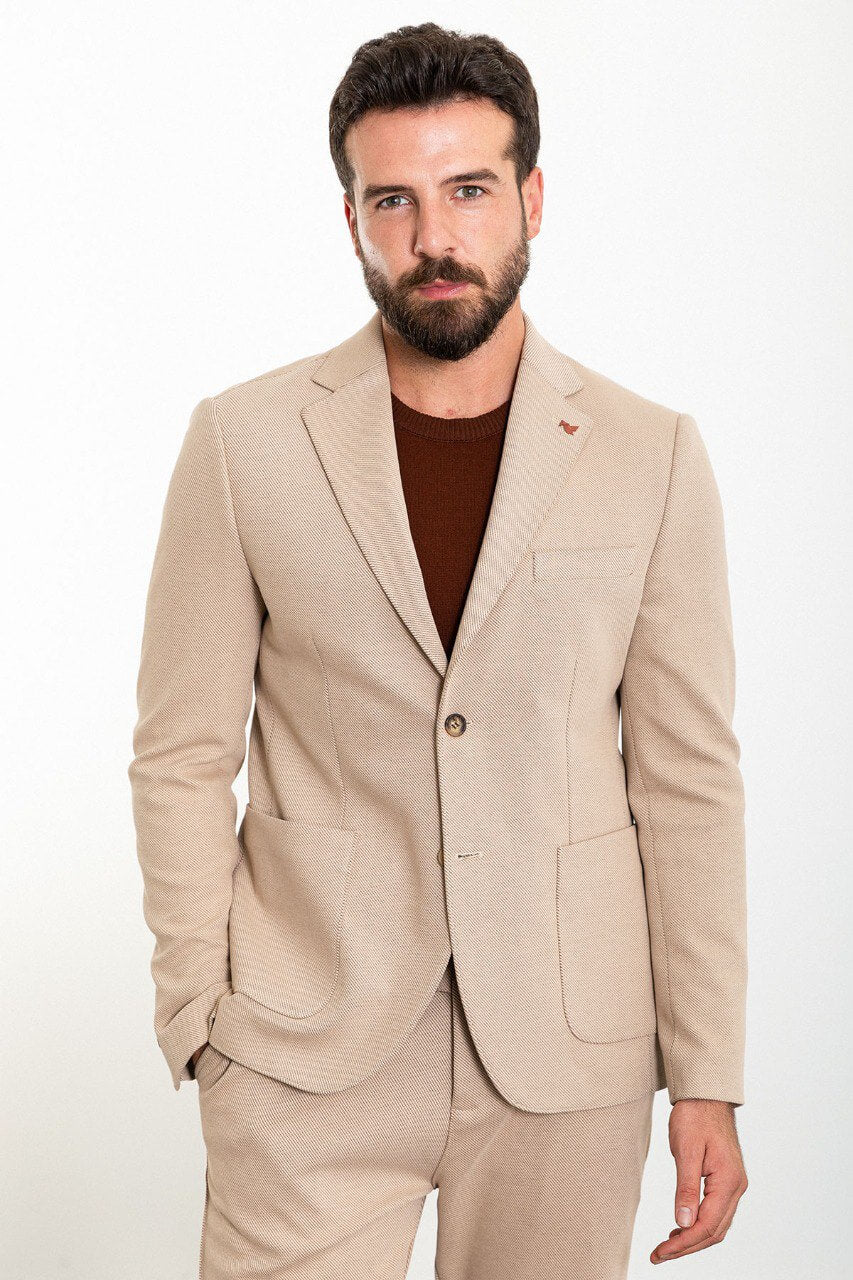 Beige Casual Textured Slim Fit Two-Piece Suit