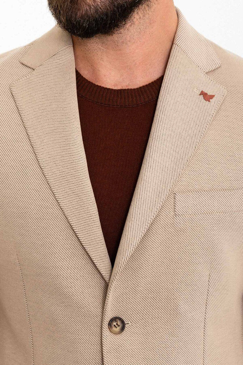 Beige Casual Textured Slim Fit Two-Piece Suit