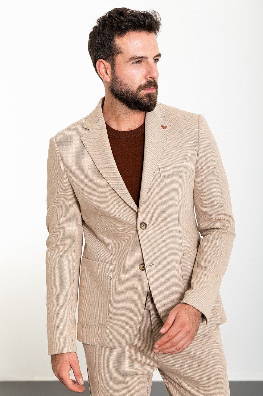 Beige Casual Textured Slim Fit Two-Piece Suit