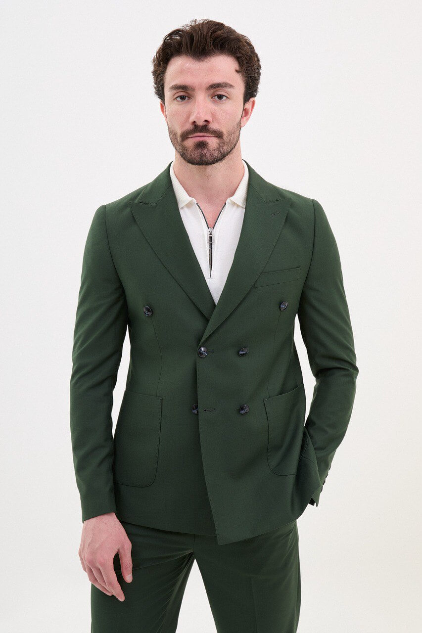 Khaki Double-Breasted Casual Slim Fit Two-Piece Suit