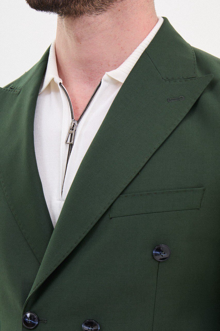Khaki Double-Breasted Casual Slim Fit Two-Piece Suit