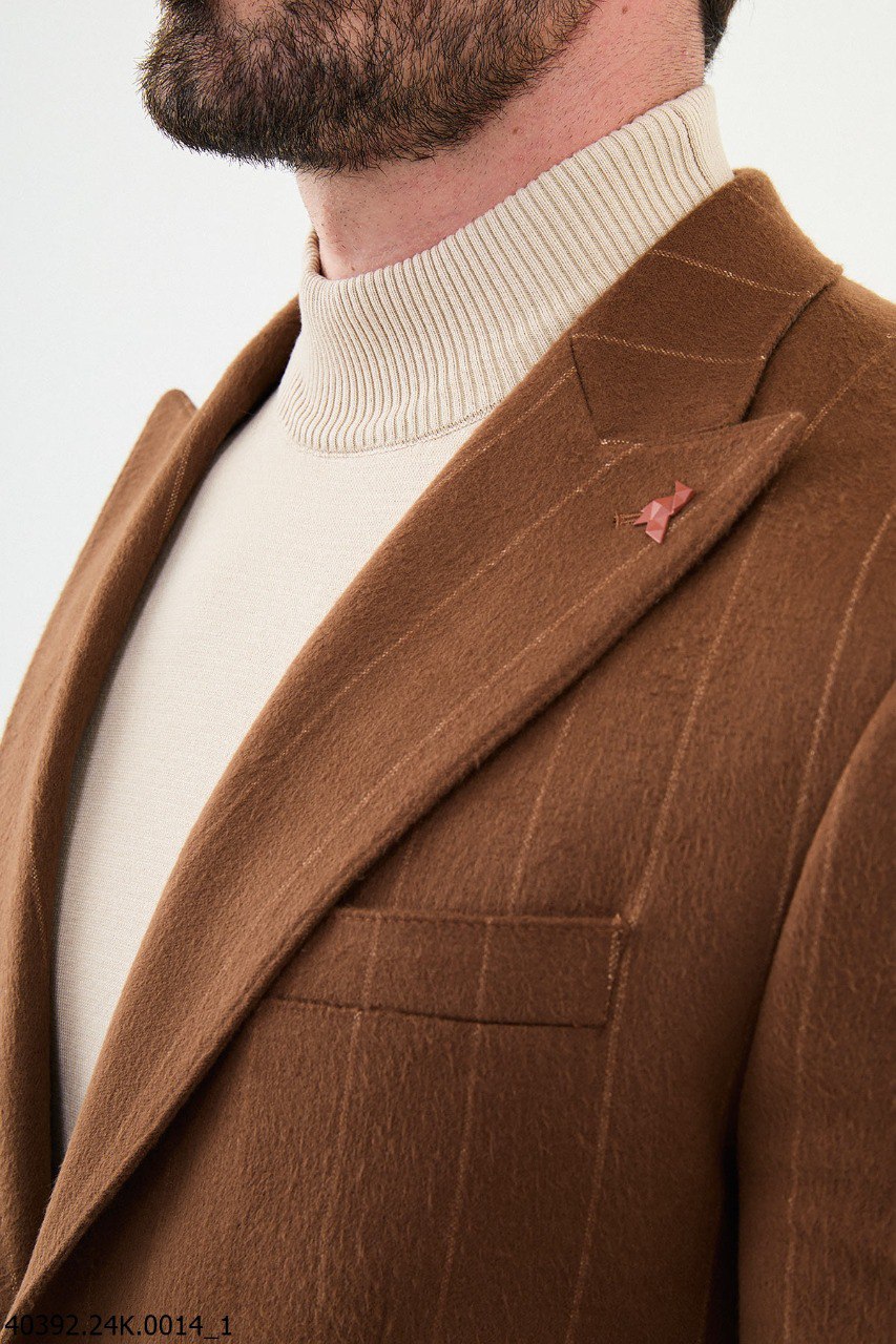 Camel Pinstripe Slim Fit Two-Button Casual Jacket